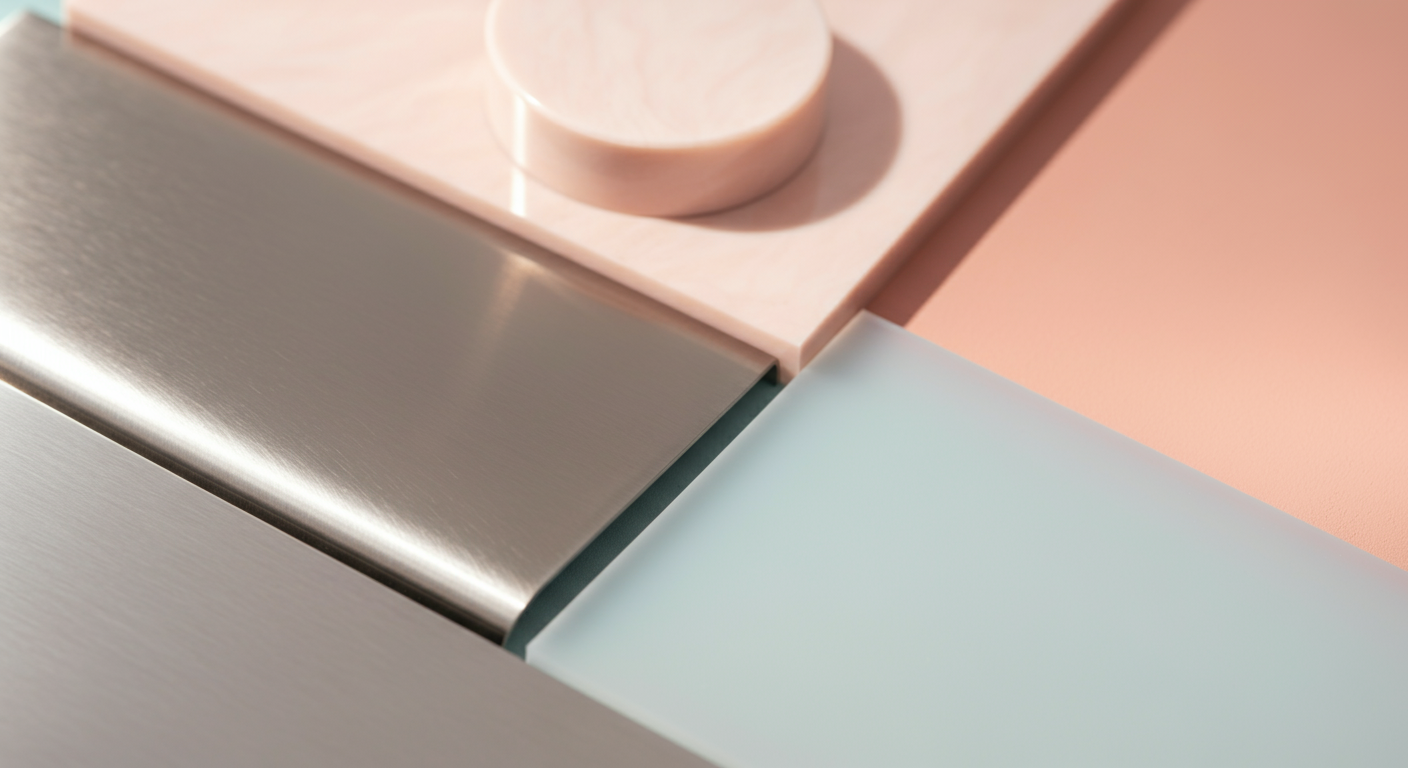 パステルカラーの背景に、ステンレス、アクリル、シリコンといった様々な素材のサンプルがきれいに並べられた写真。