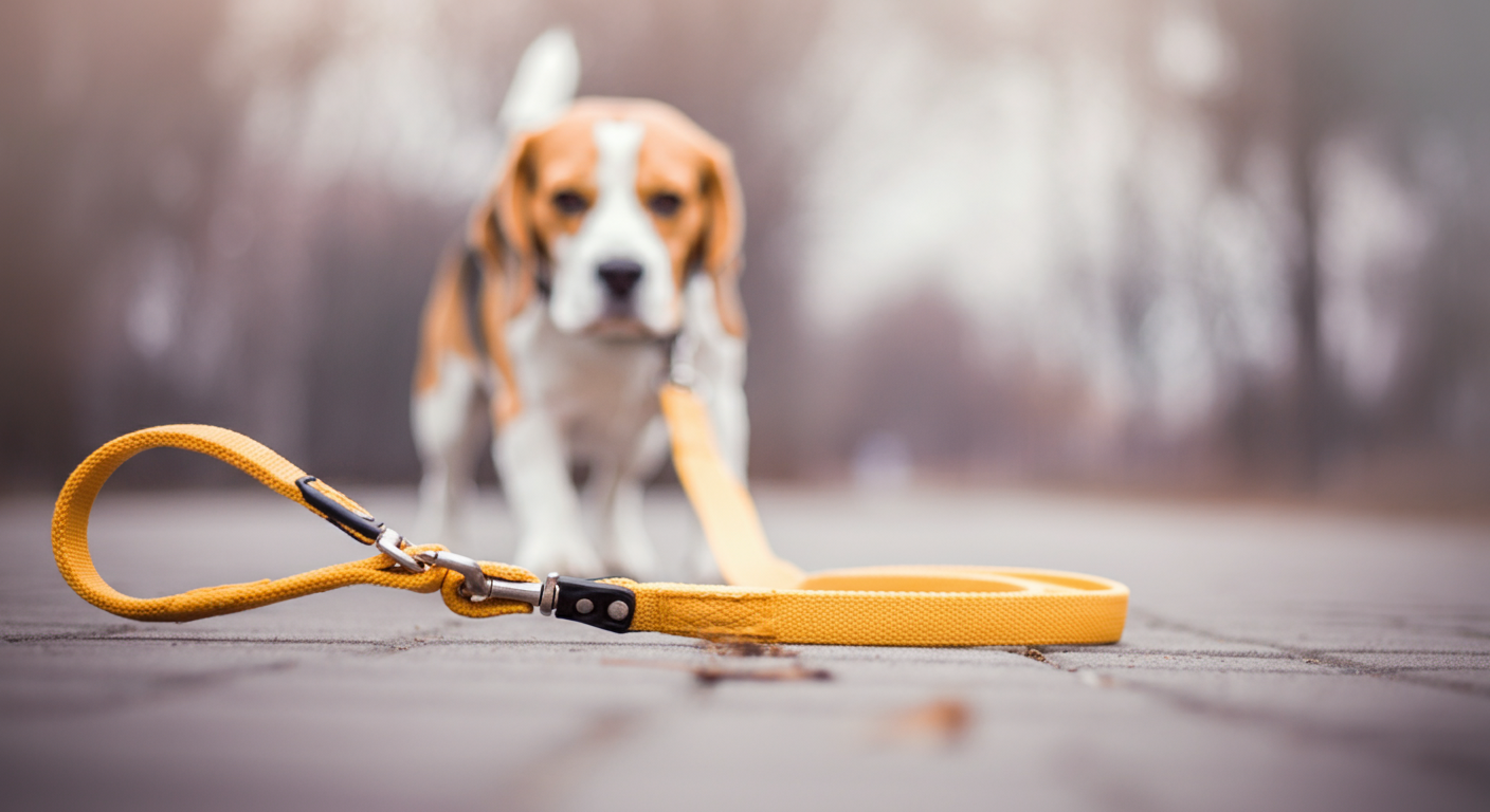 ピンと張った黄色い犬用リードの抽象的な写真。背景には前に進みたがっているビーグルがぼやけて写っている。