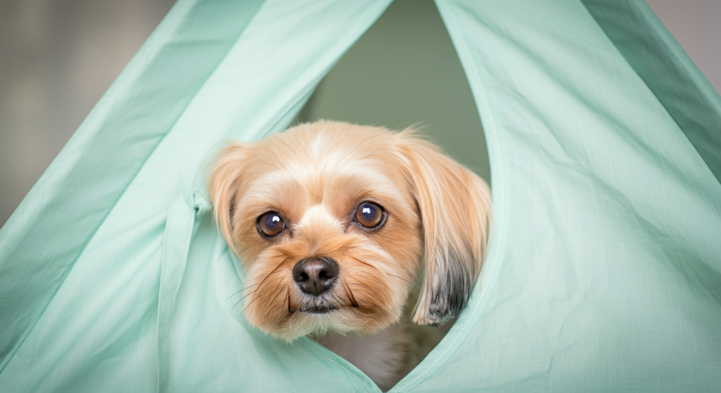 パステルカラーの日除けテントから顔を出す、安心した表情のかわいい犬。