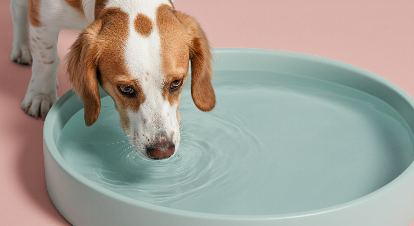 犬の視点から撮影された、広くて浅い水飲みボウルを見下ろす写真。フレームの端には、ボウルの外で濡れずにいる長い垂れ耳が見える。