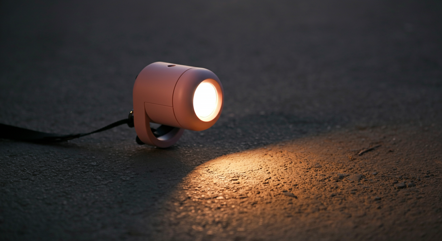 夕暮れ時、LEDライトが内蔵されたうんち袋ホルダーが、足元を優しく照らしている、安全性と利便性を表現した写真。