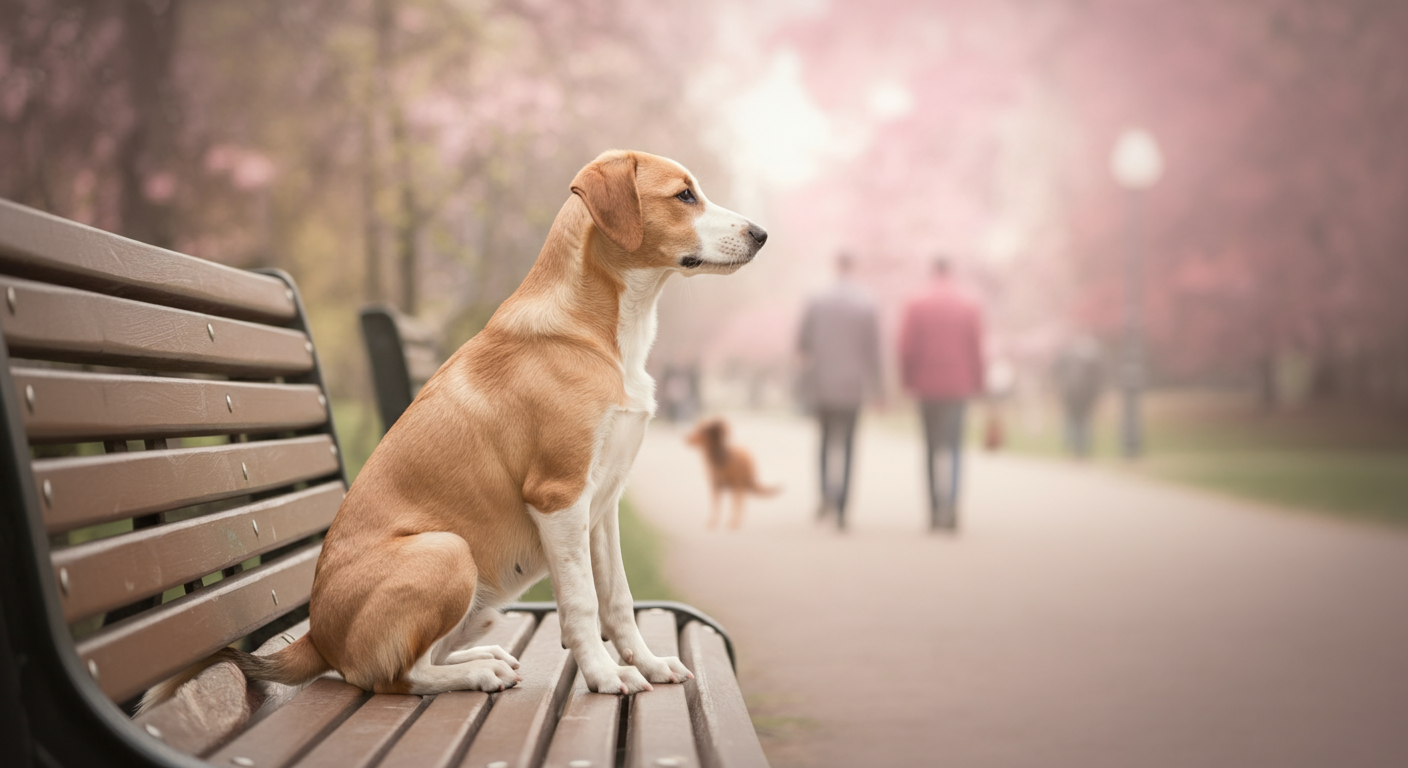 公園のベンチに落ち着いて座っている犬。背景にはぼやけた人や犬のシルエットが見える。