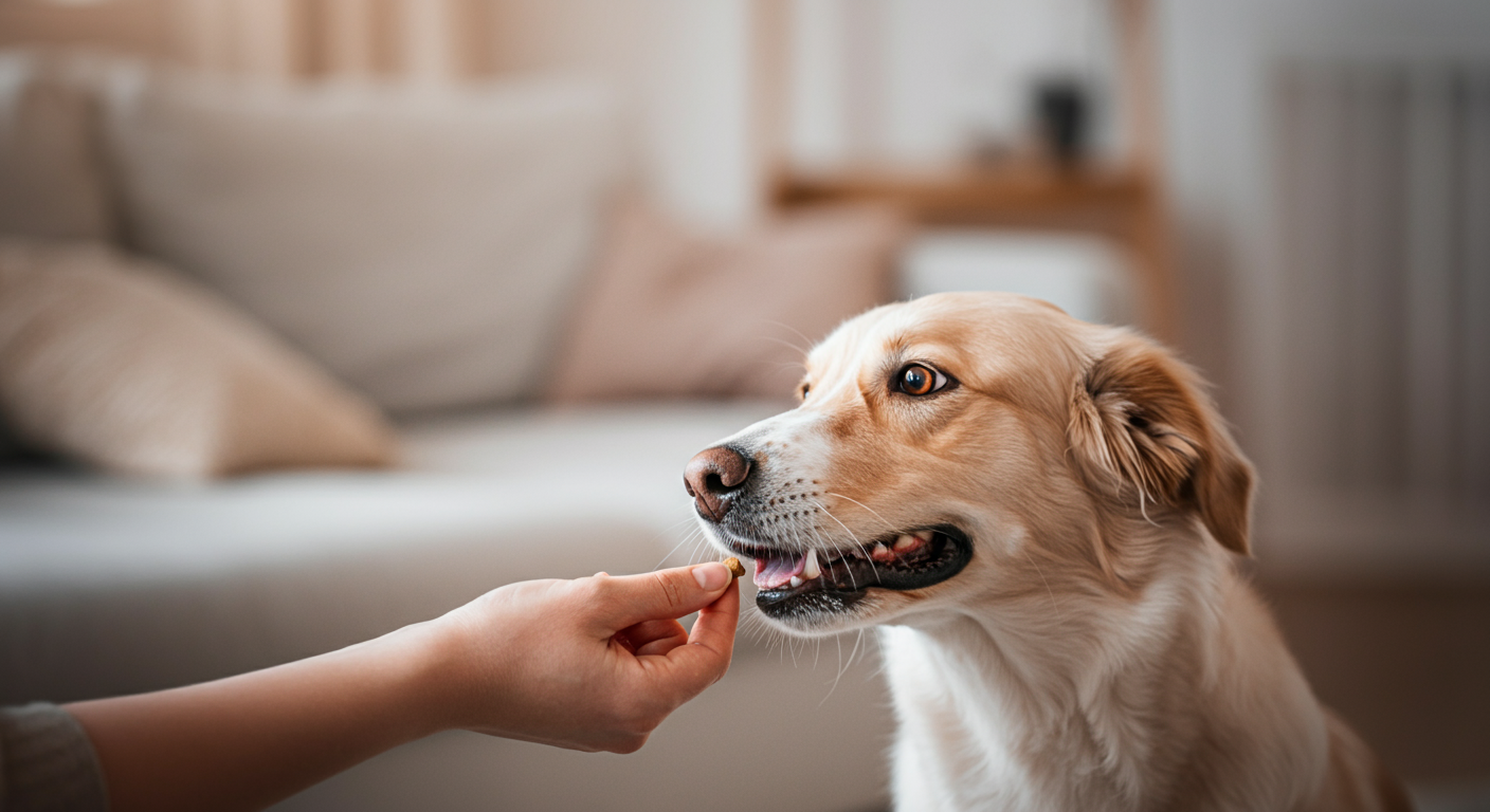 飼い主の手からおやつをもらおうとしている犬の鼻先のクローズアップ写真。