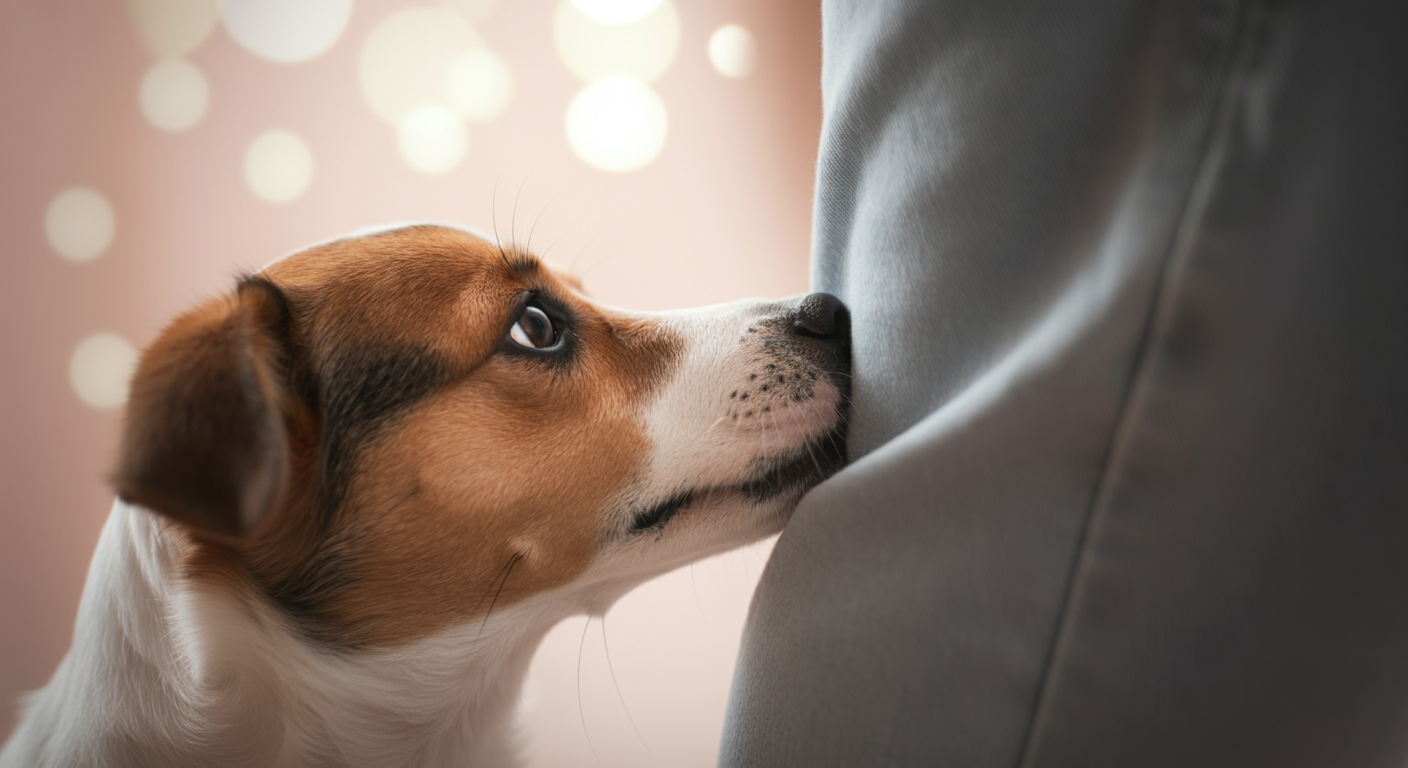 飼い主の足にそっと寄り添い、安心を求める怖がりな犬の鼻先の写真。