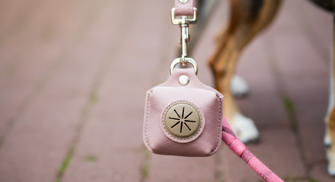 犬のリードの持ち手に取り付けられた、パステルカラーでお洒落なキーホルダー型のうんち袋ホルダー。