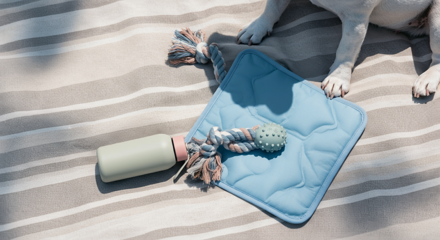 レジャーシートの上に置かれた、犬用のポータブル水筒、クールマット、おもちゃ。フレンチブルドッグの前足が少しだけ見えている。