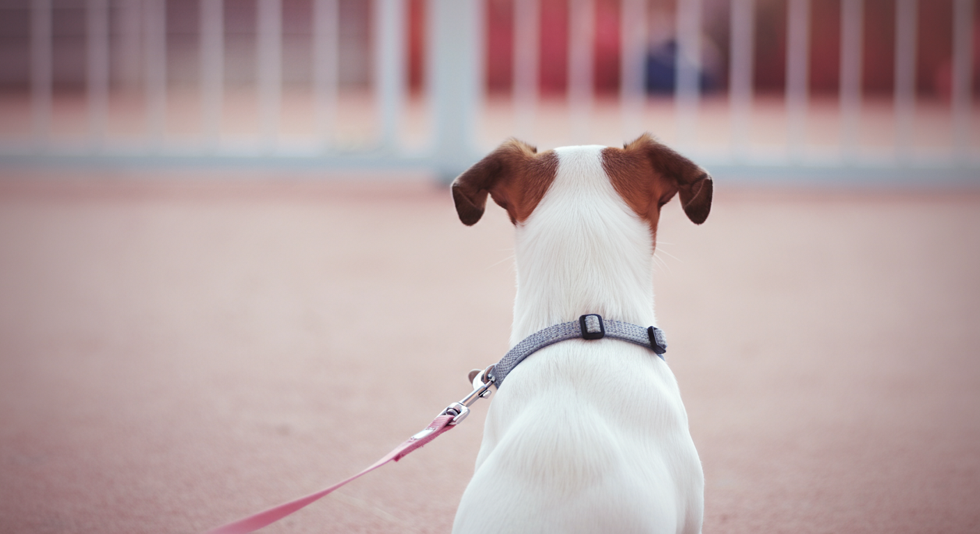 リードをつけた犬が、ドッグランのフェンスの外で落ち着いて座っている様子。