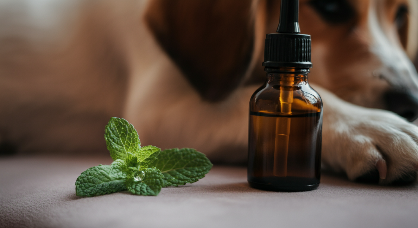 ミントの葉とアンバー色のスプレーボトルが置かれ、背景に犬の毛並みがぼんやりと見える、ナチュラルで清潔感のあるイメージ画像。