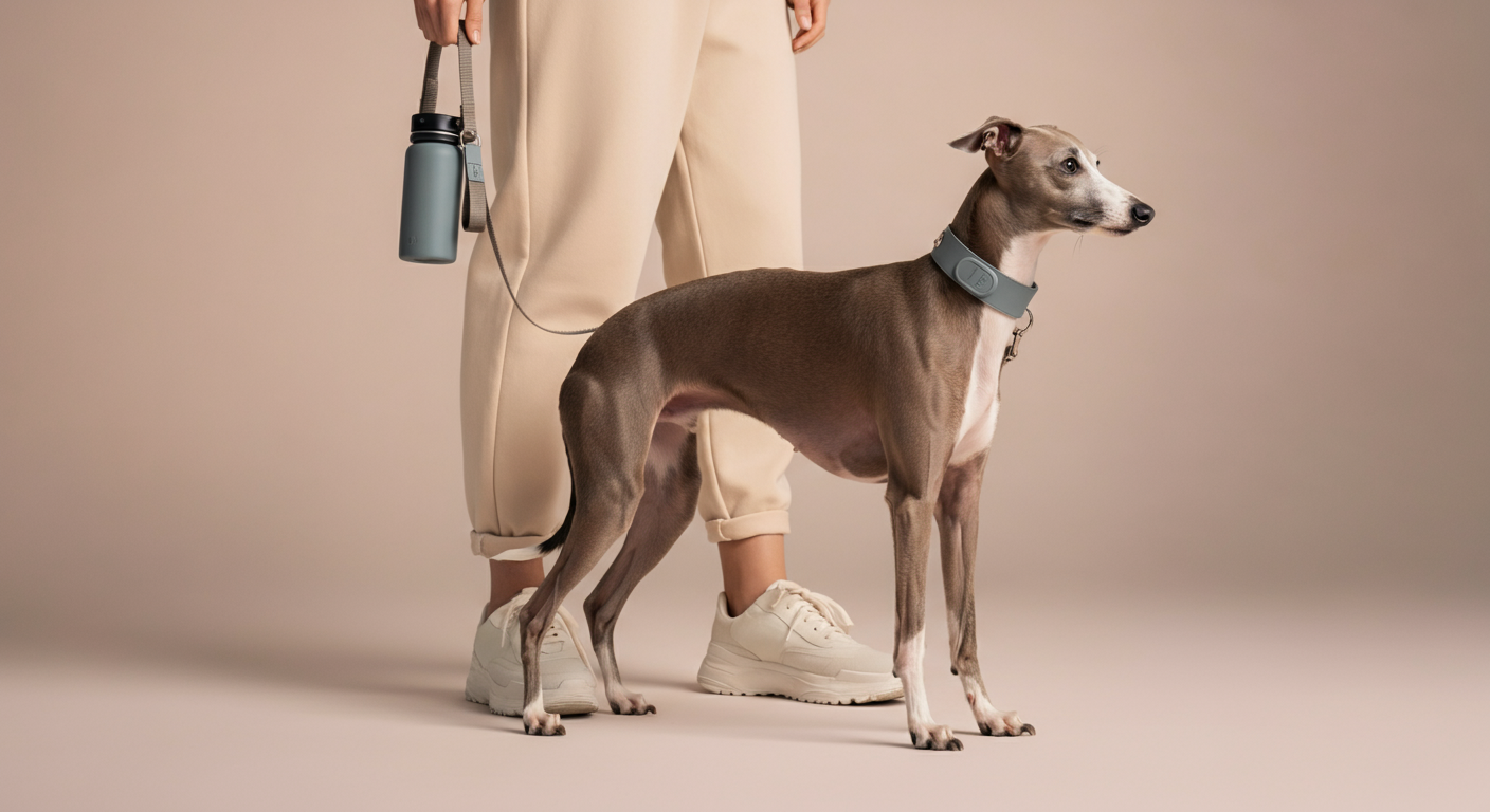ミニマルな服装の飼い主が、服の色とコーディネートされたマットグレーの犬用給水ボトルとお洒落なリードを持っている。