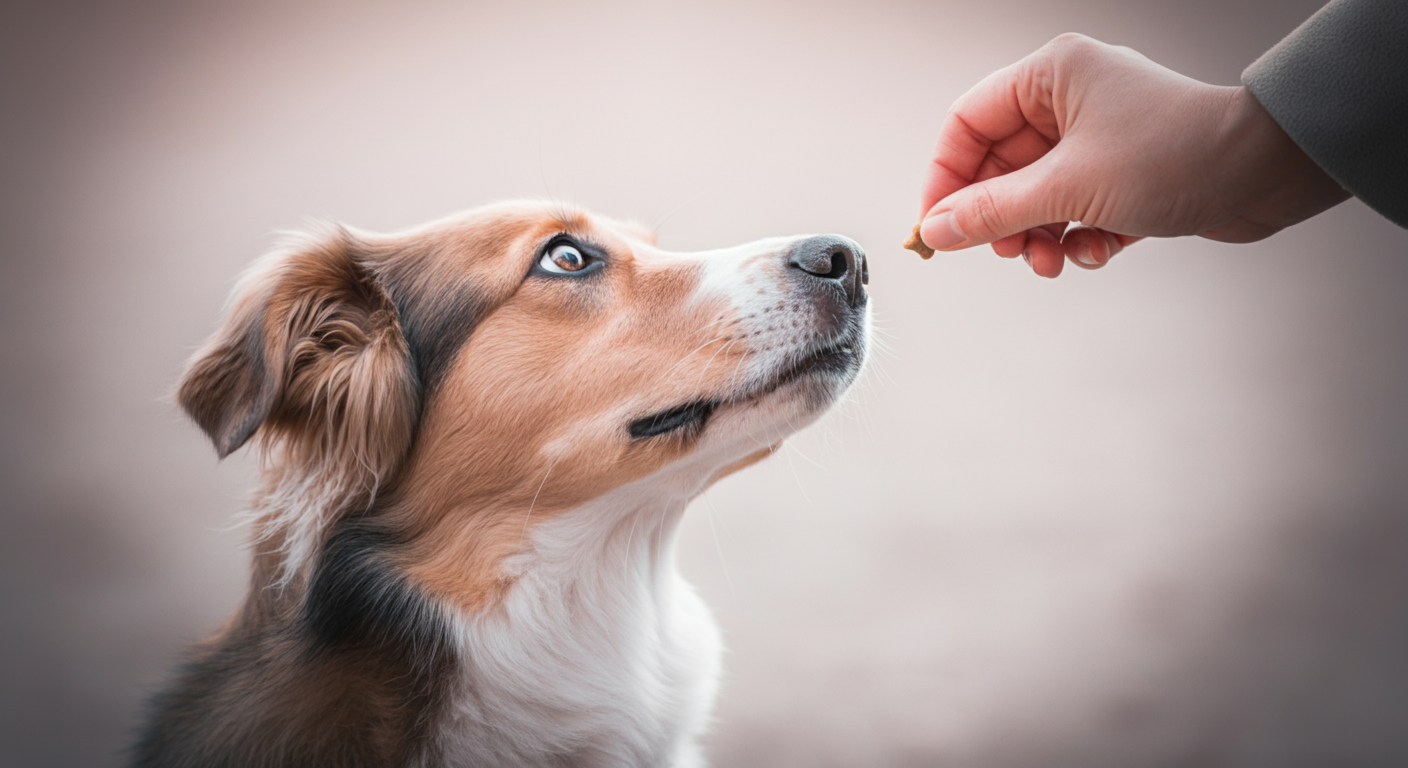 飼い主を見上げる犬の目と鼻のクローズアップ。期待と信頼に満ちた表情をしている。