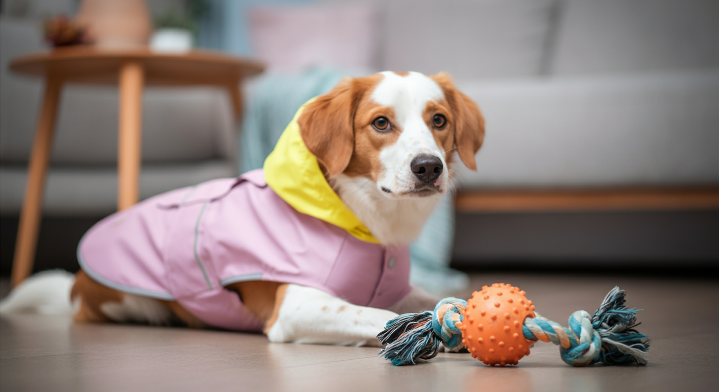床に置かれたおもちゃにピントが合っており、背景でパステルカラーのレインコートを着た犬がぼやけて写っている写真。