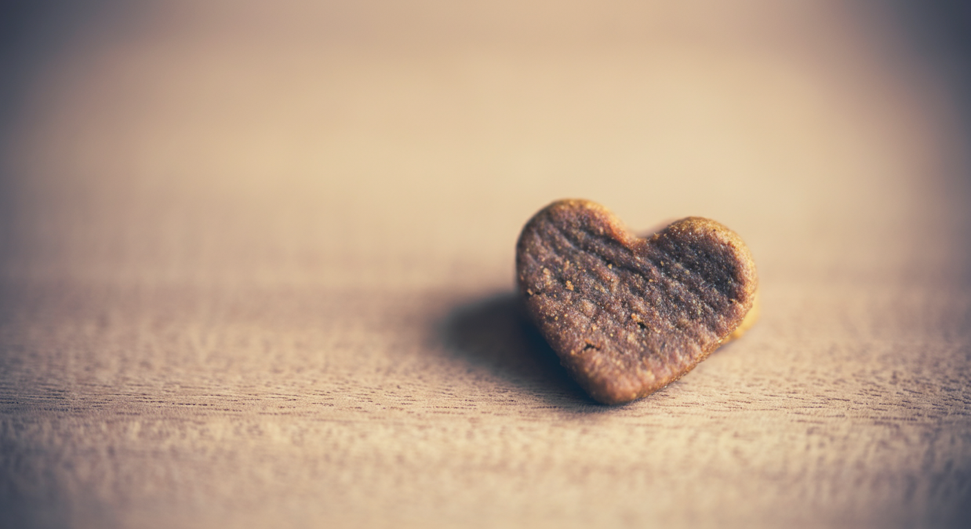 木のテーブルの上に置かれたハート型のシニア犬用ドッグフード一粒