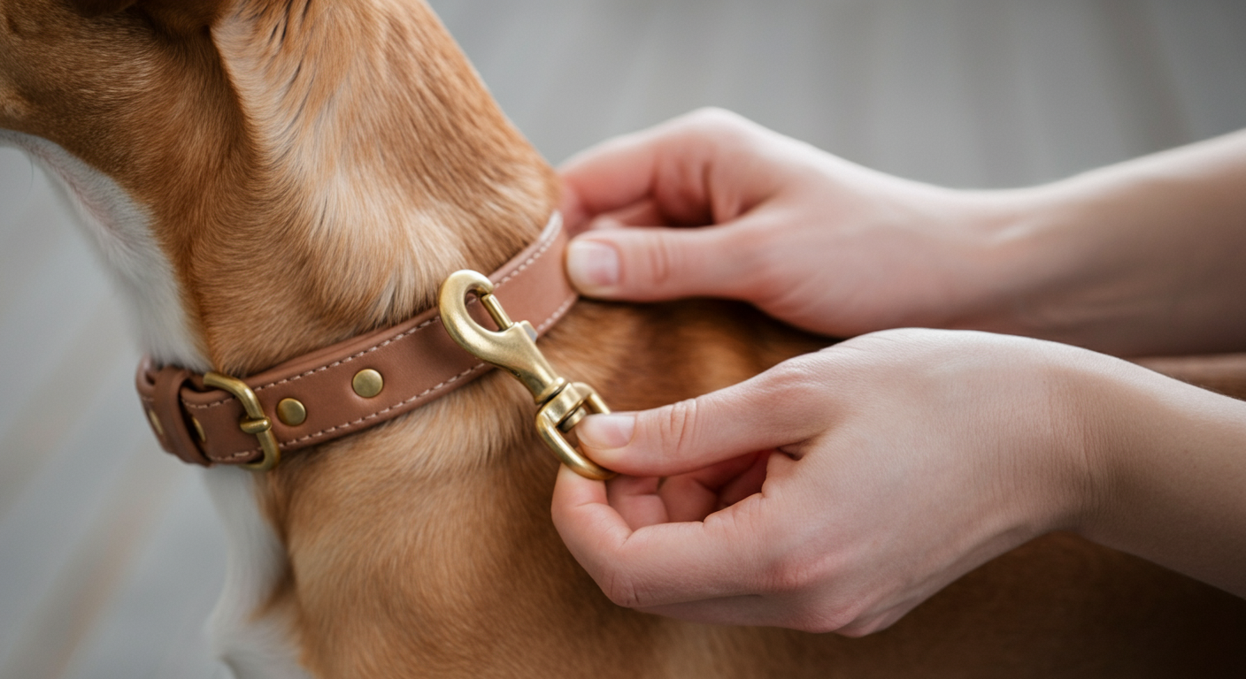飼い主が犬の首輪に優しくリードの金具を取り付けている手元のクローズアップ写真。