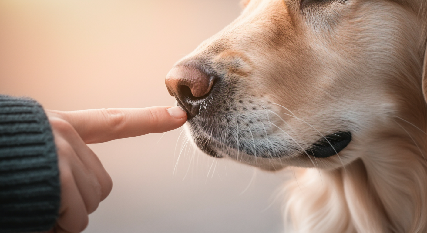 飼い主の指先に優しく鼻を寄せる犬のクローズアップ写真。
