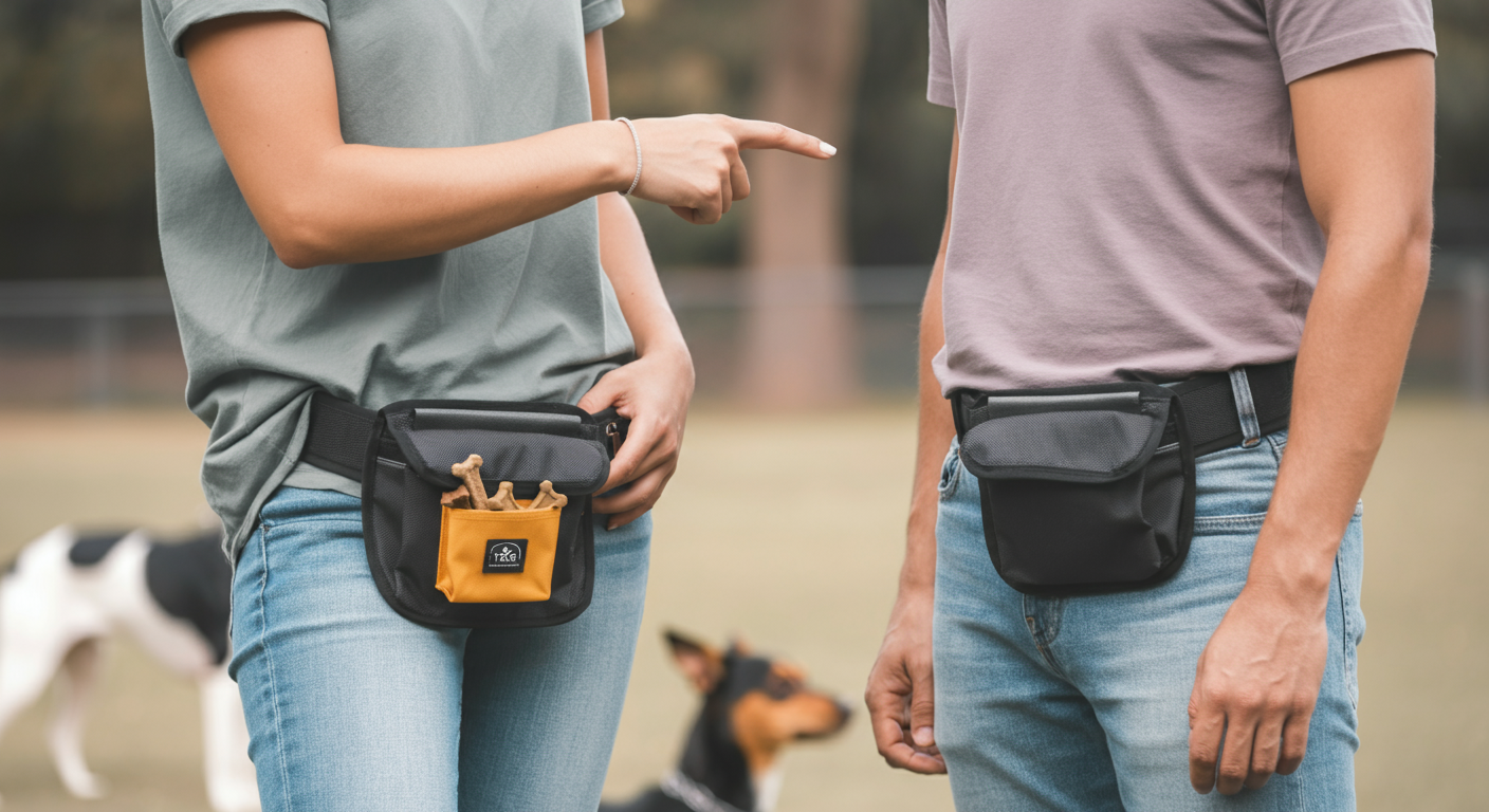 ドッグランで会話する二人の飼い主。一人が自分のトリーツポーチを指差して何かを説明している様子。