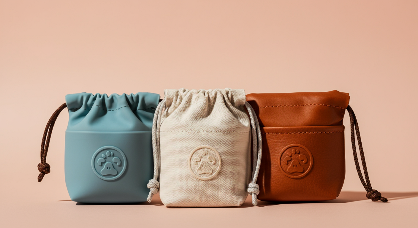 シリコン製、布製、革製という素材の違う3種類のトリーツポーチが並んでいる。