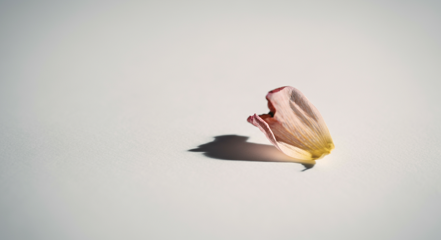 白い背景に置かれた、少ししおれた一枚の花びら。効果の持続性や注意点を象徴する写真。