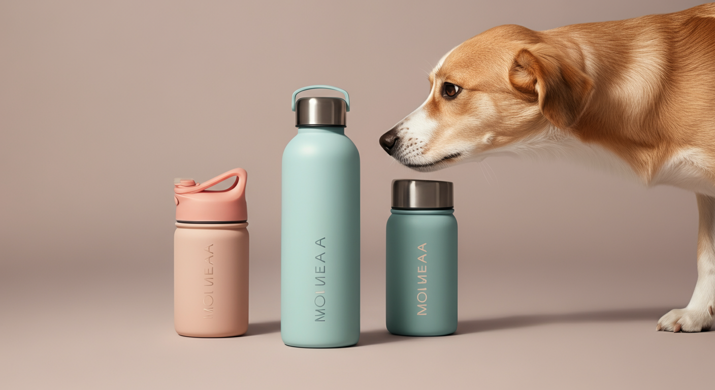 デザインの違う3種類の一体型給水ボトルと、その一つを嗅ぐ犬の鼻
