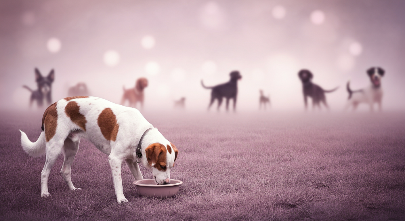 ドッグランの隅で、飼い主の足元で落ち着いて水を飲む犬