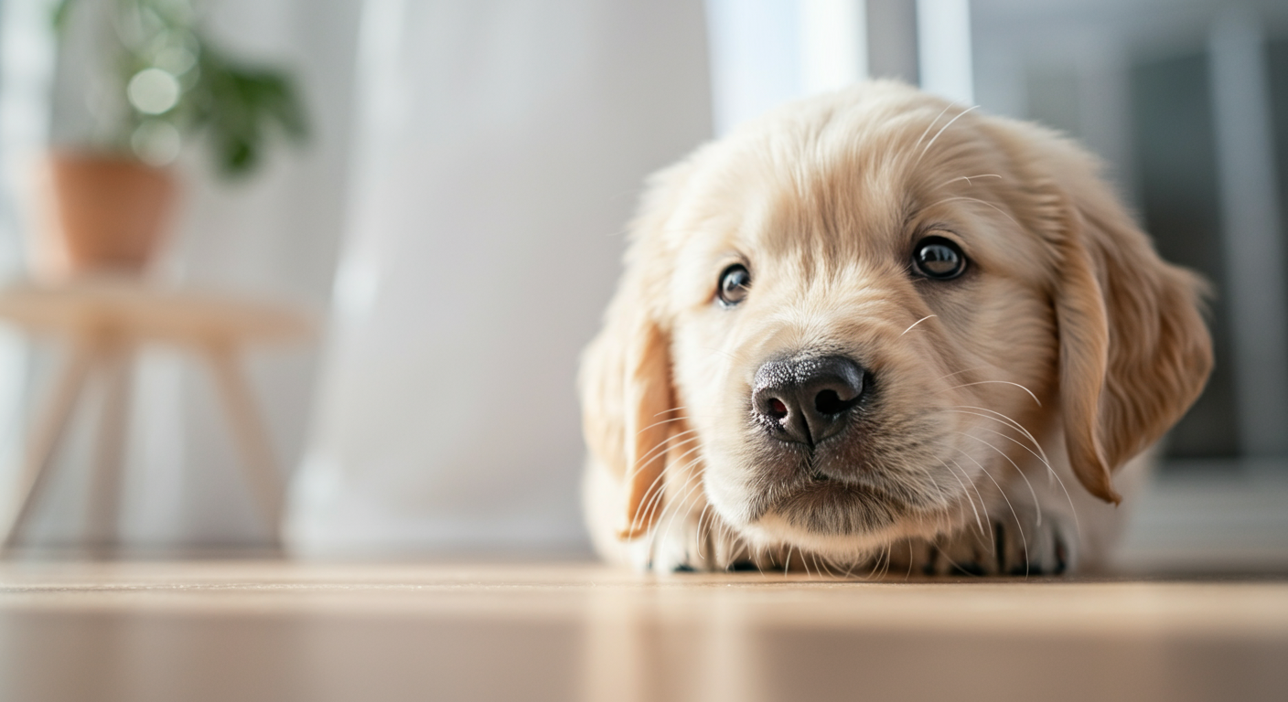 パステルカラーの明るいリビングで、カメラに鼻を近づける1匹の子犬のクローズアップ写真。