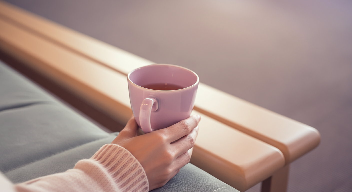 公園のベンチでリラックスしてお茶を飲む人の手元。