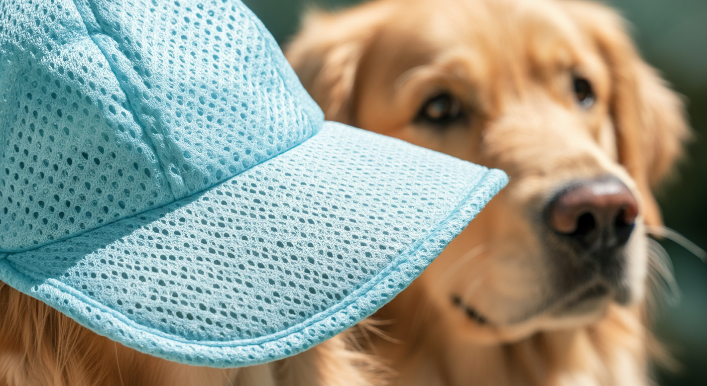 犬用の帽子の水色のメッシュ生地を太陽の光が透過しているクローズアップ。涼しげな印象。
