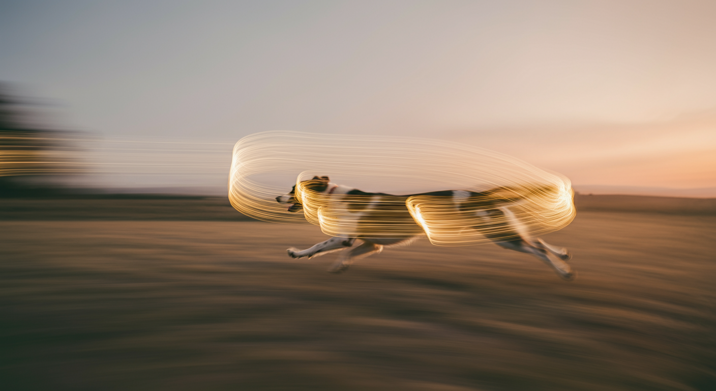 走る犬のシルエットの周りを光の軌跡が舞っている抽象的なイメージ