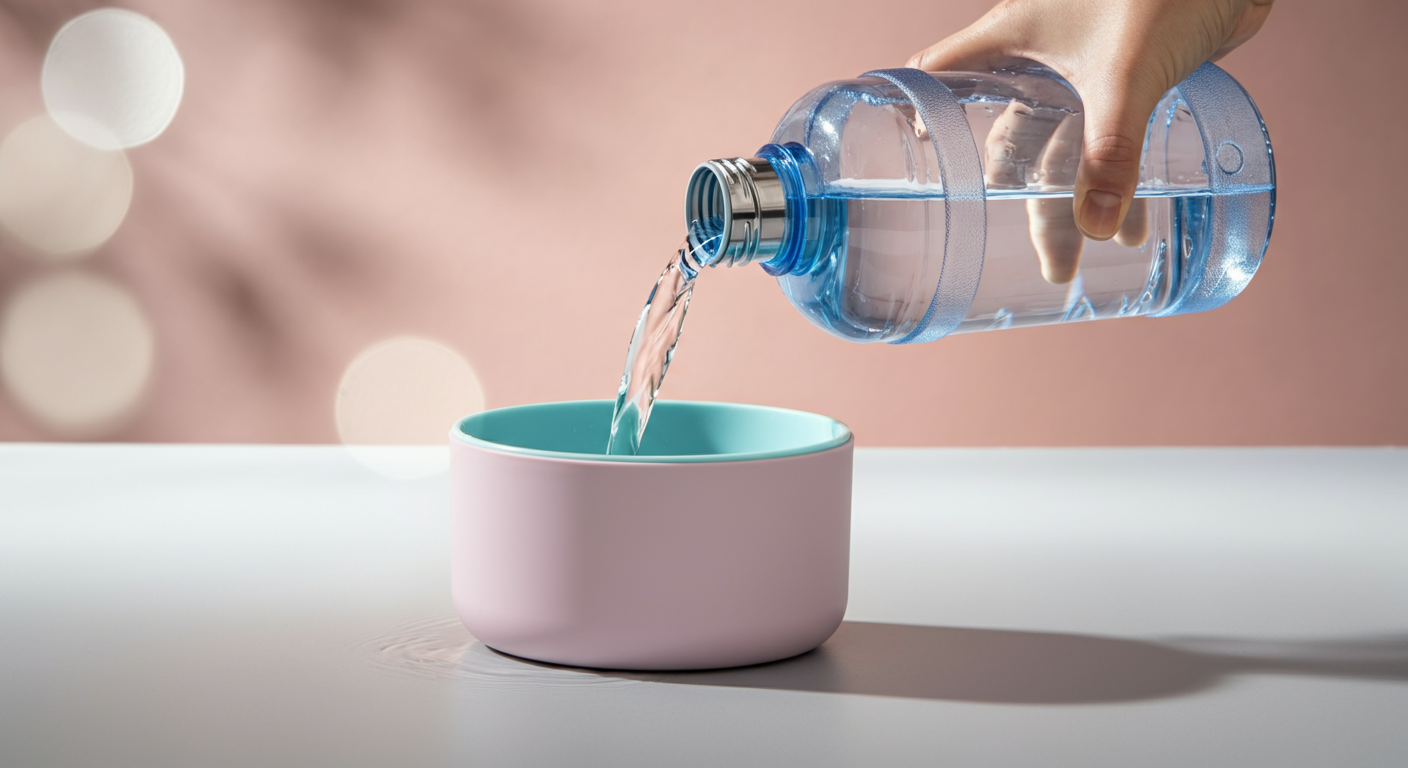 パステルカラーの給水ボトルから、付属のお皿へ水が注がれている瞬間を捉えた写真。水の動きが爽やかさを感じさせる。