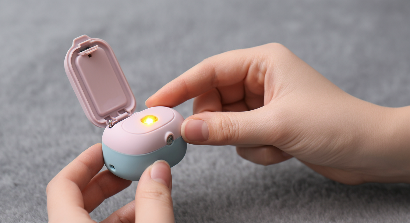 外出前に、人がパステルカラーの犬用セーフティライトの電池部分を慎重にチェックしているクローズアップ写真。