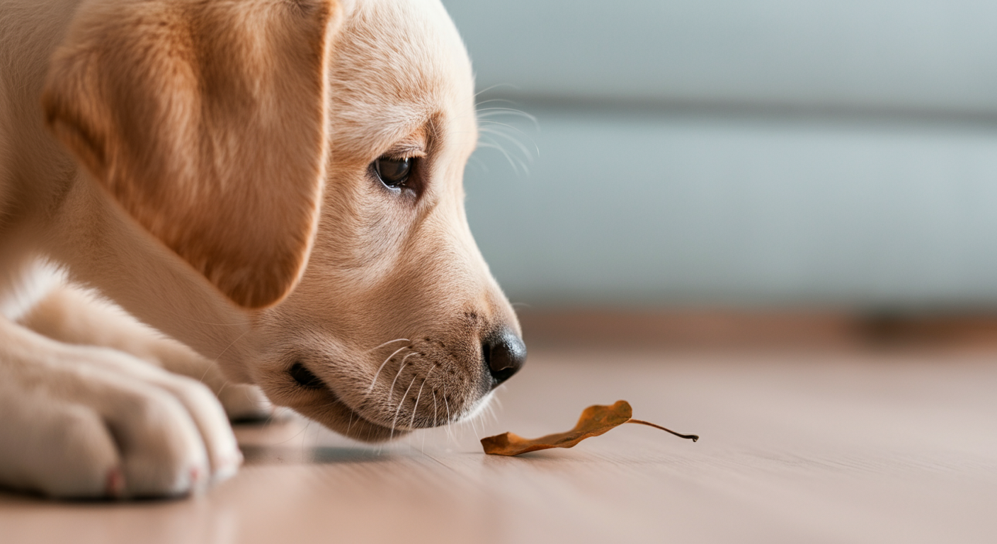 床に落ちているものをクンクンと嗅いでいる子犬の鼻先のクローズアップ。
