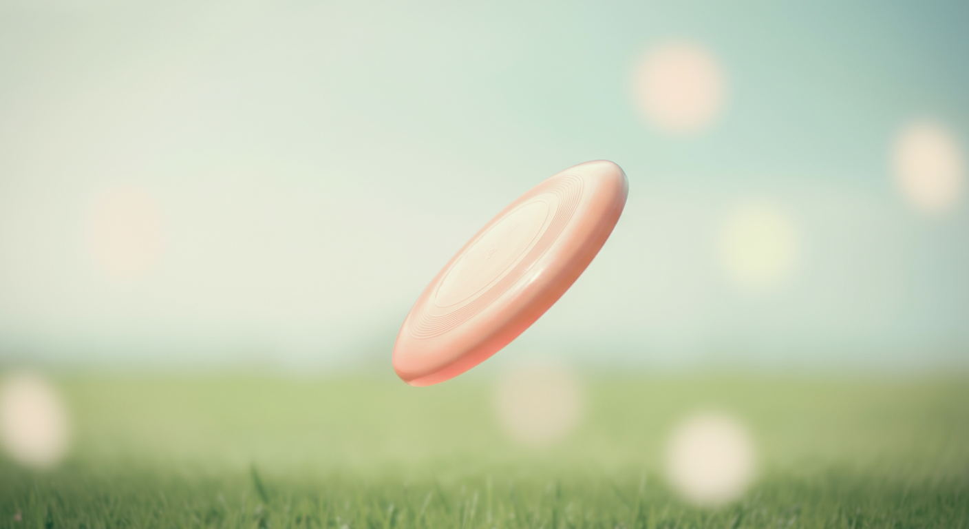 パステルカラーの空と芝生を背景に、空中を舞うカラフルなフリスビー。