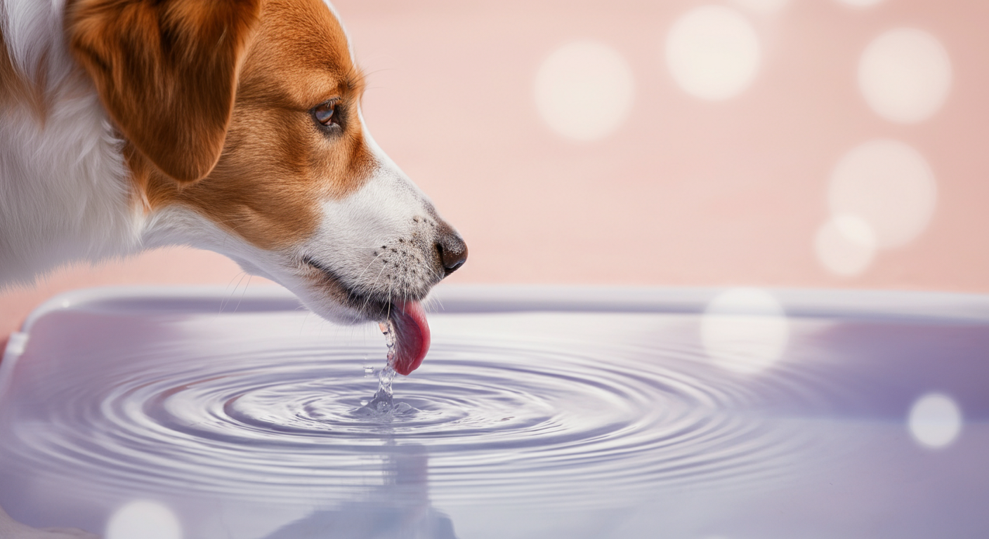 遊び疲れて、床に置かれたウォーターボウルから静かに水を飲んでいる犬の口元と水面の波紋。