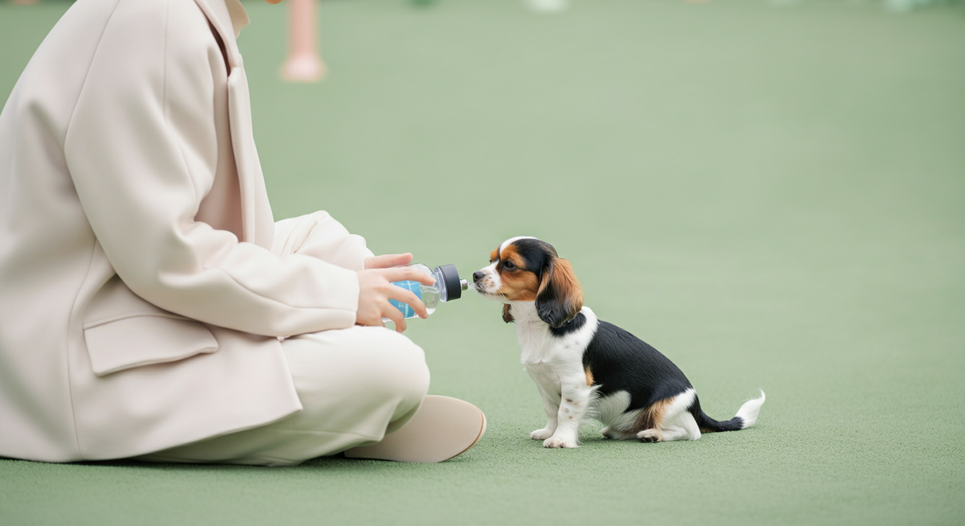 ドッグランの隅っこで、飼い主と犬が静かに休憩している。飼い主の手には給水ボトルが握られている。