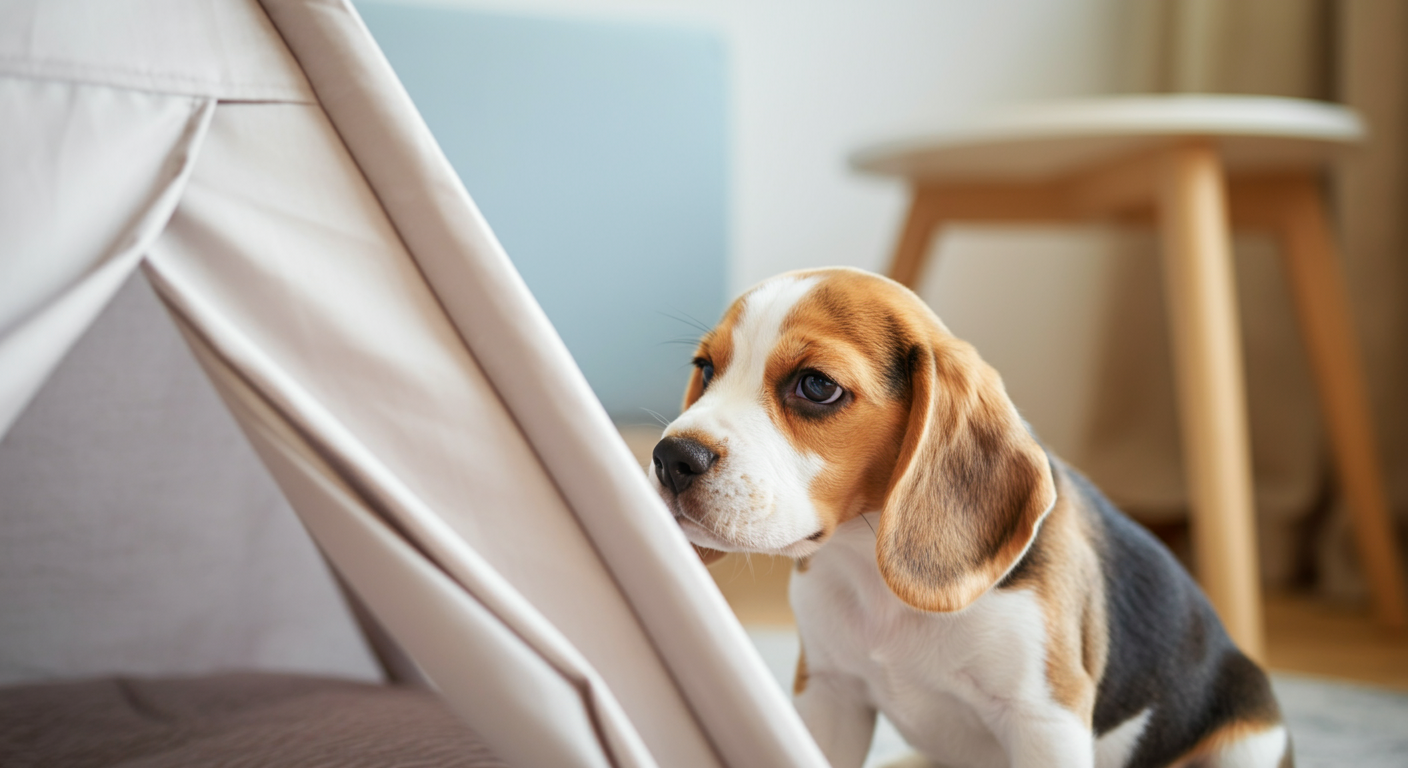 リビングに置かれた新しい日除けテントの匂いを、子犬が興味深そうに嗅いでいる。