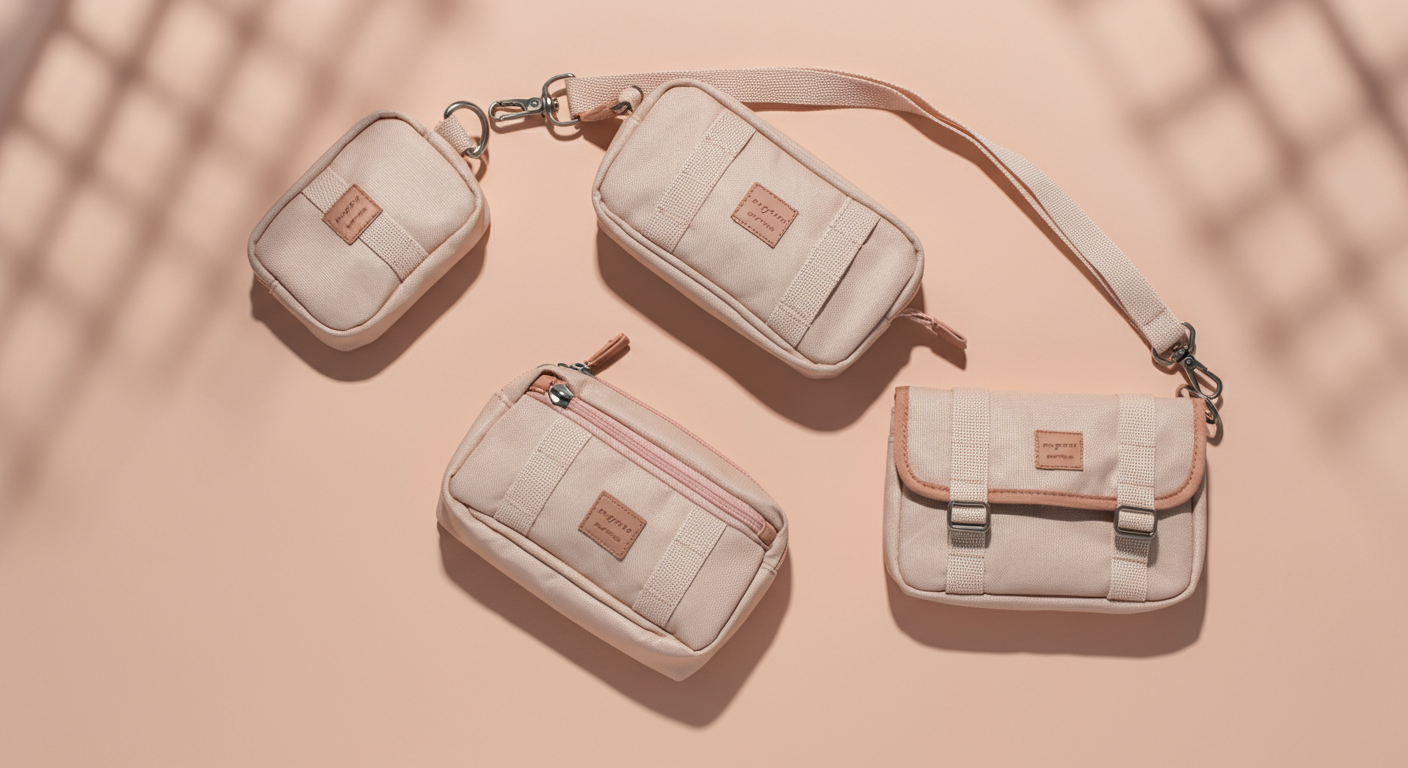 パステルカラーの背景に、カラビナタイプ、ショルダータイプ、多機能タイプという3種類のマナーポーチが並べられた俯瞰写真。