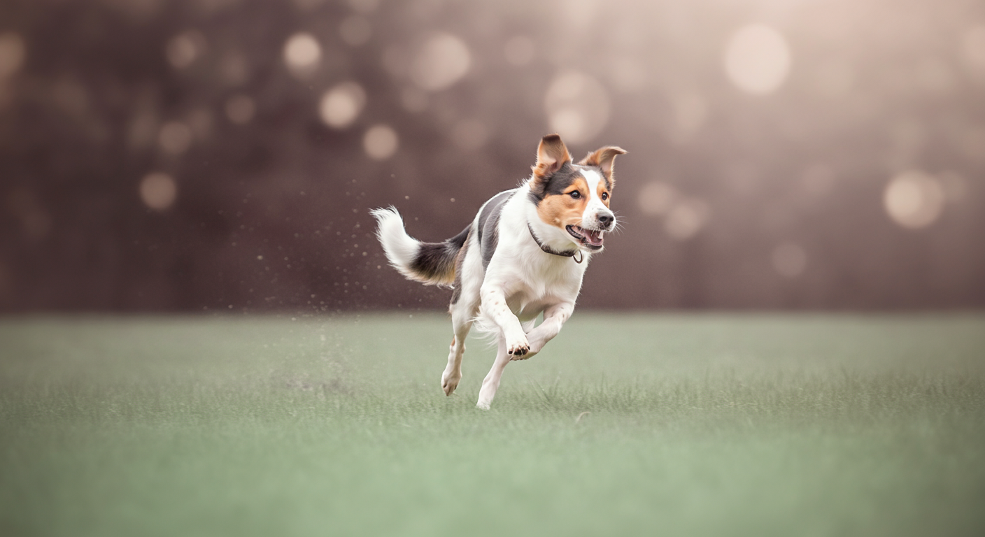 ドッグランを走りながら楽しそうに振り返る犬