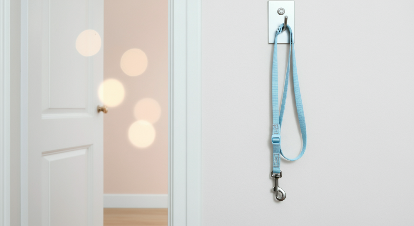 開いたドアの近くの白い壁に、パステルブルーのリードが静かにかかっている、落ち着いた雰囲気の写真。