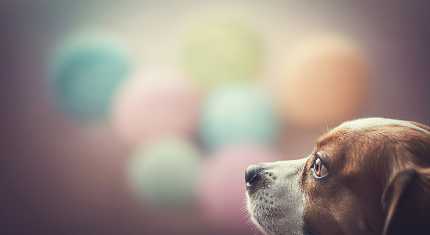 ドッグランの楽しそうな雰囲気を背景に、何かに気を取られている犬の横顔。