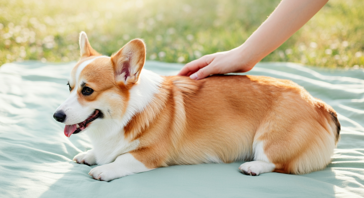 ミントグリーンのレジャーシートの上で、飼い主がくつろいでいるコーギーの背中を優しく撫でている手元のアップ。