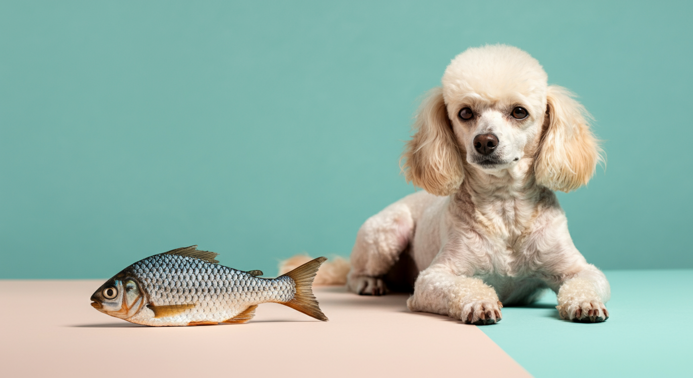 魚が原料の犬用おやつの横に、魚の鱗が一枚だけ置かれている。アレルギー対応を象徴するクリーンな写真。