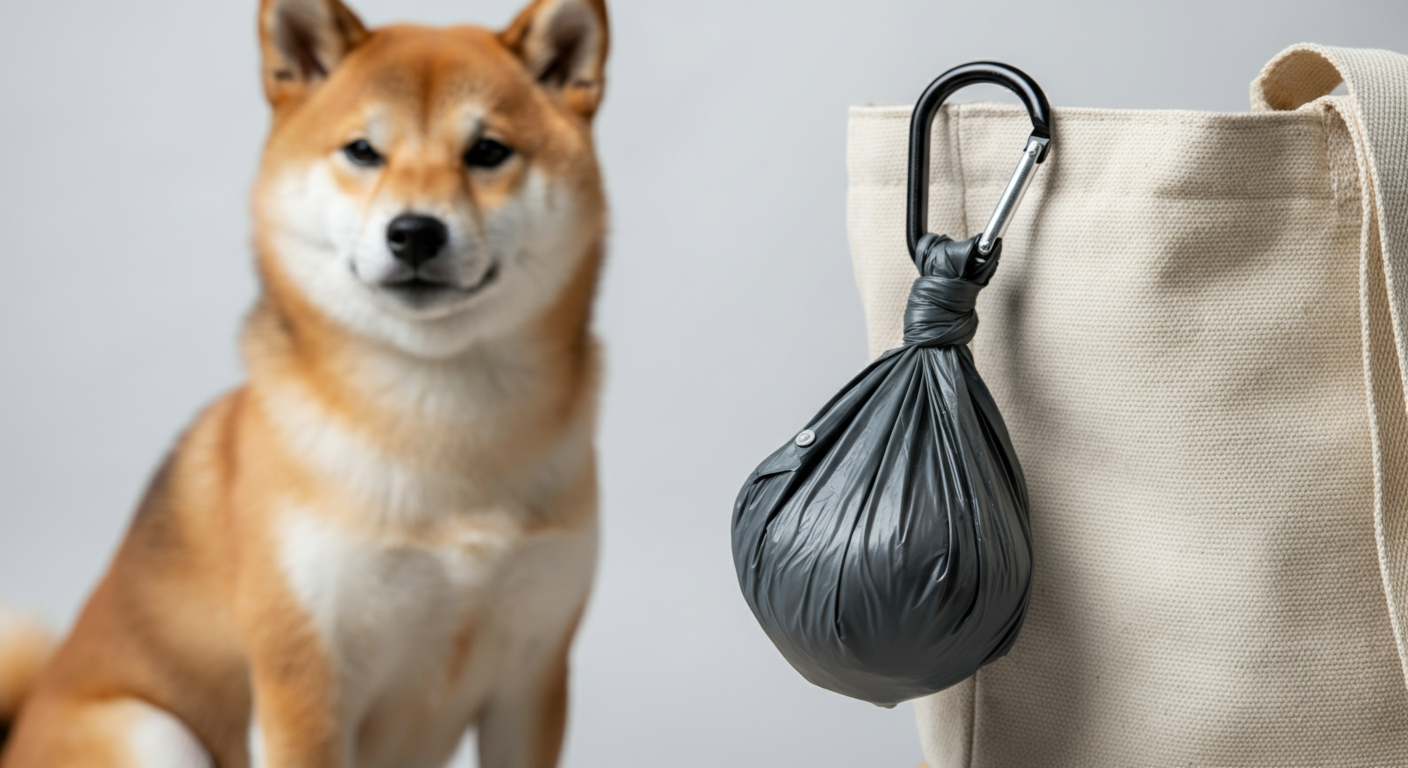 中身が透けないお洒落なグレーのうんち袋が、トートバッグに付けられたカラビナに掛かっている。