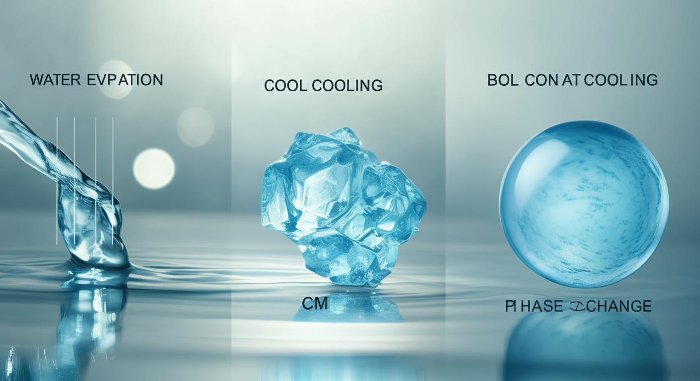 気化熱、接触冷感、PCM素材の冷却メカニズムを象徴する3つの抽象的なアイコン。