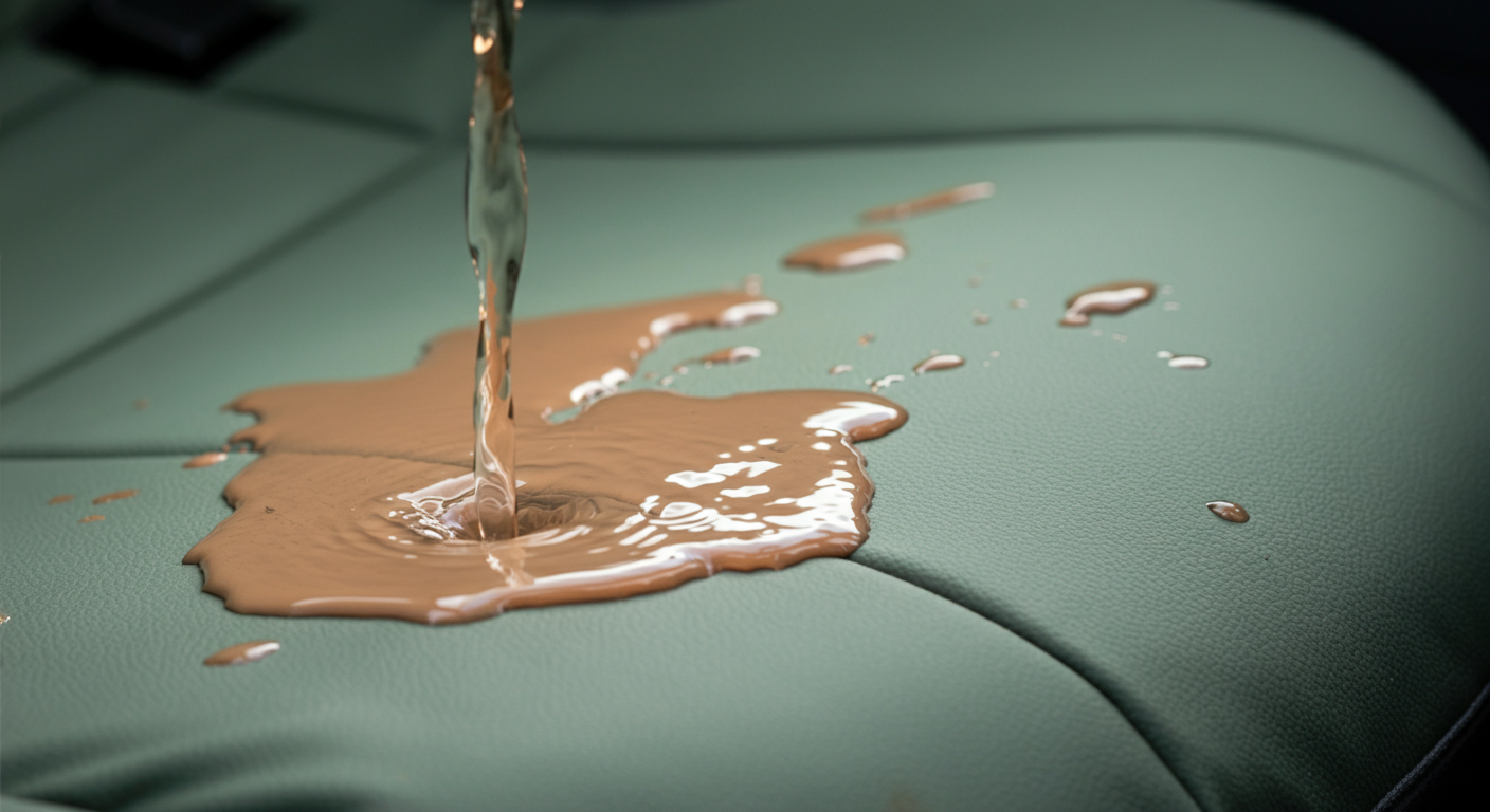 耐久性の高そうなセージグリーンの生地に泥水がかけられ、全く染み込まずに表面で弾かれている様子を捉えたクローズアップ写真。