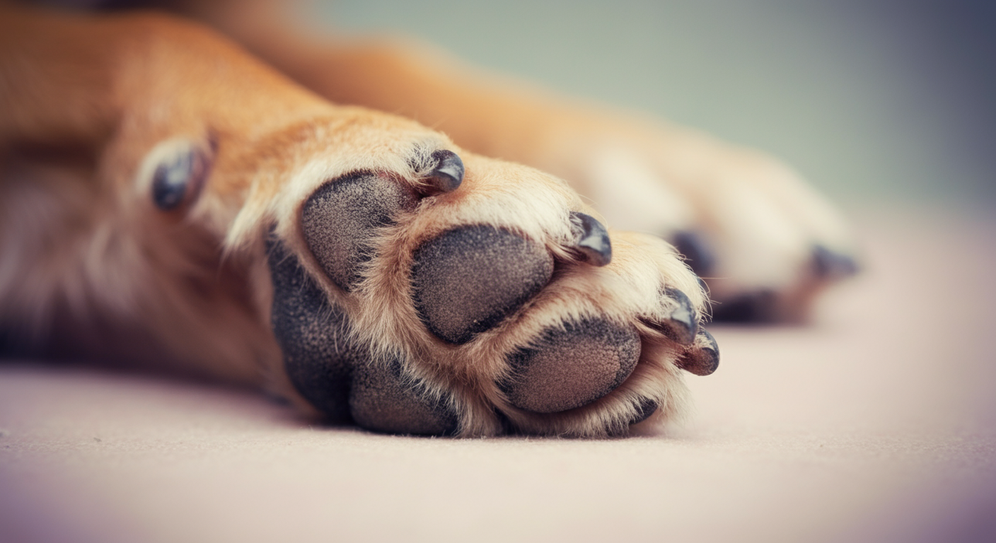 優しい光に照らされた、年配の犬の肉球のクローズアップ。
