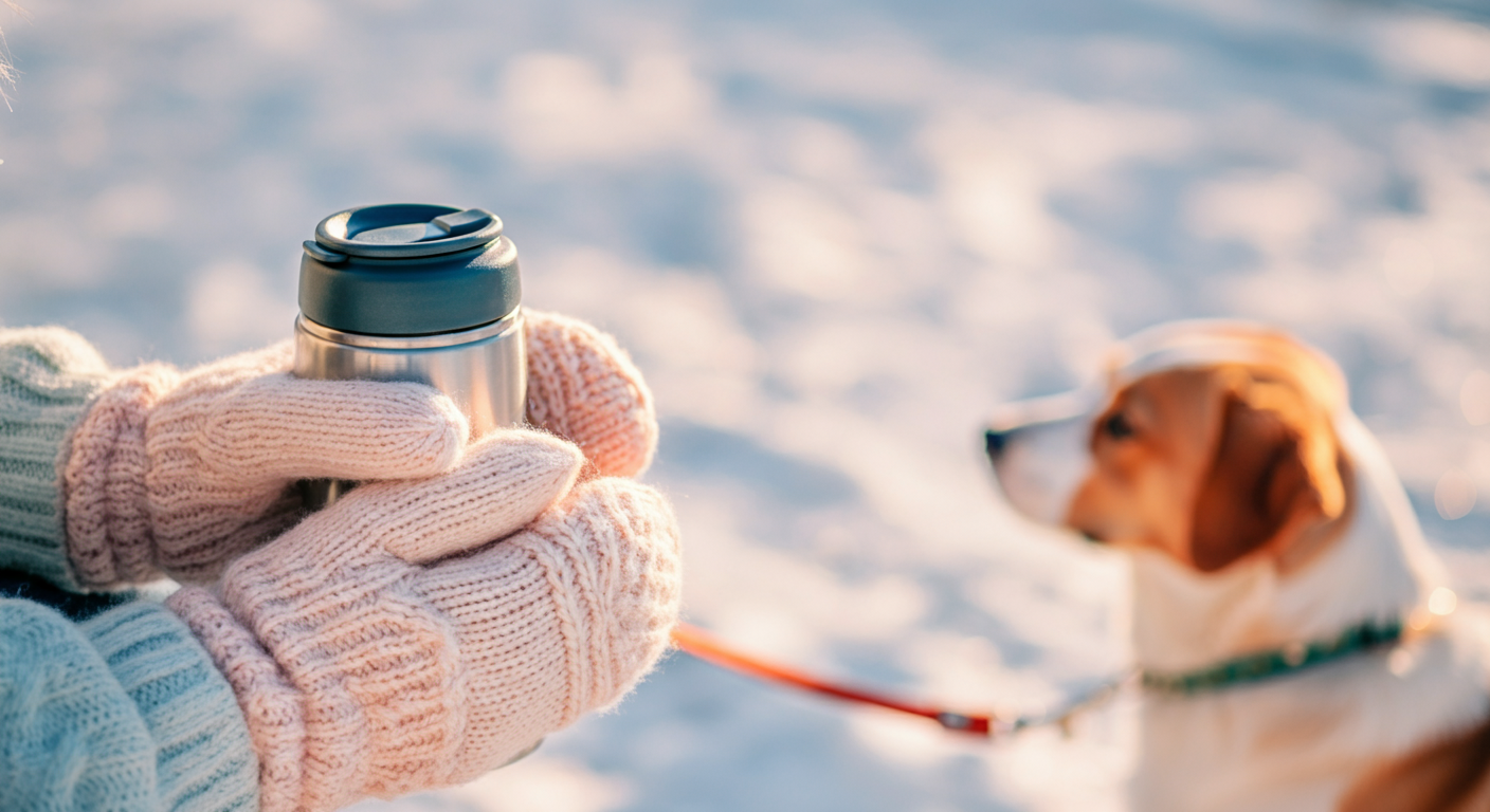 パステルカラーのミトンをはめた飼い主の手が、温かい飲み物が入った魔法瓶のマグカップを握っている。