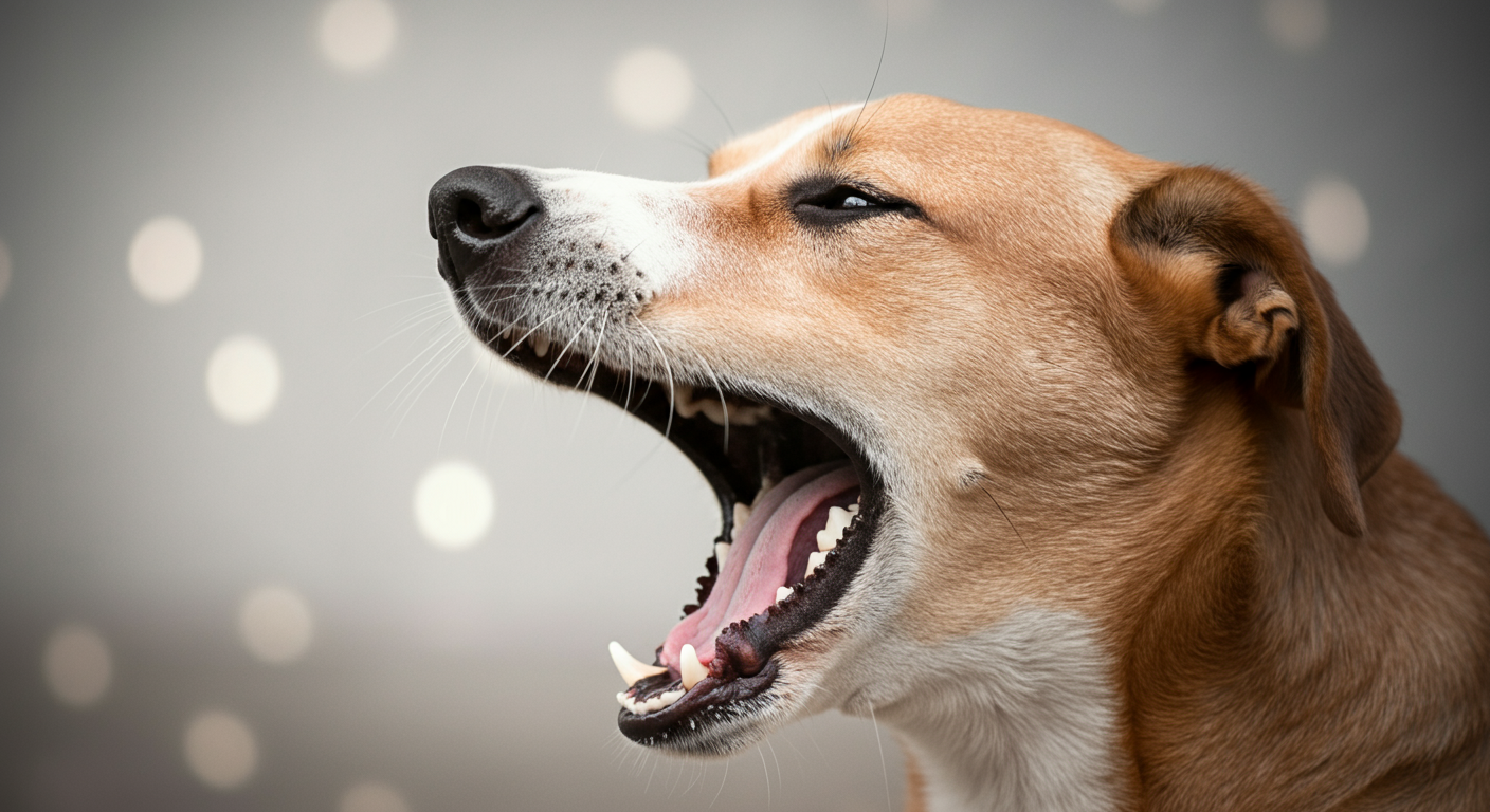 大きなあくびをしている犬の横顔のクローズアップ。背景はパステル調にぼけている。