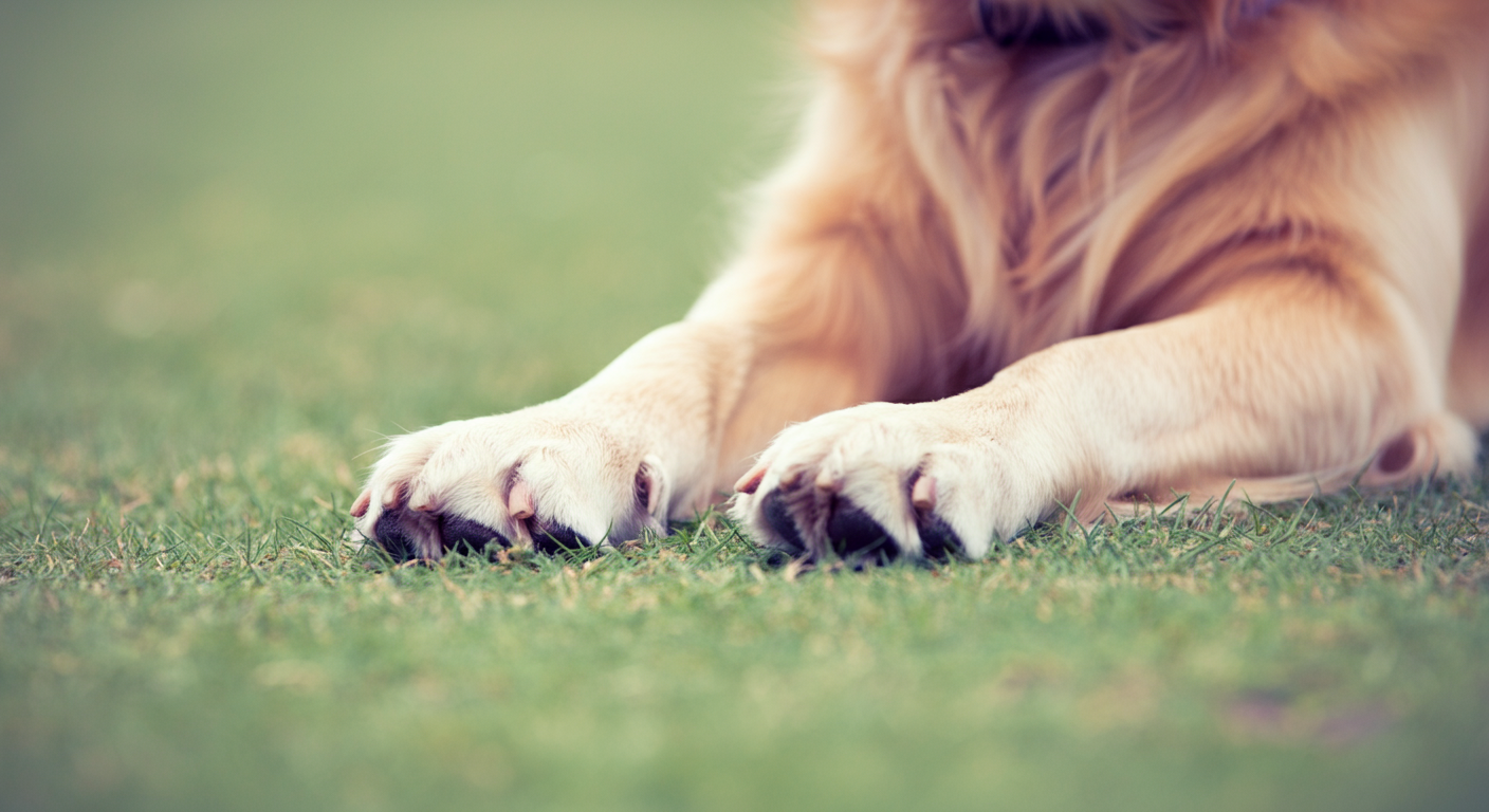 柔らかな朝日の中で、ドッグランの芝生の上でストレッチする犬の足元のクローズアップ。