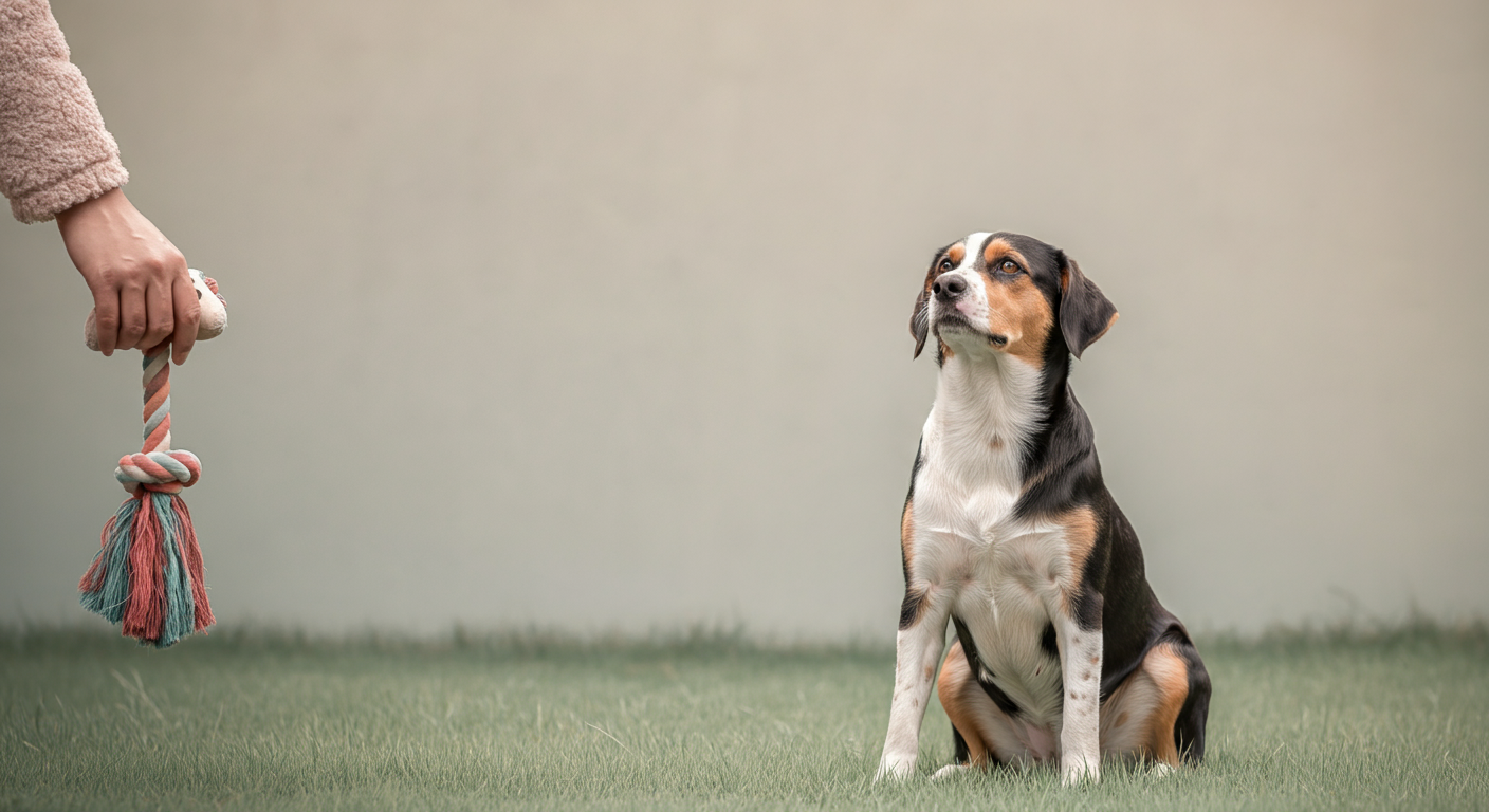 ドッグランの隅で、飼い主がおもちゃを持って犬を座らせて落ち着かせている様子。