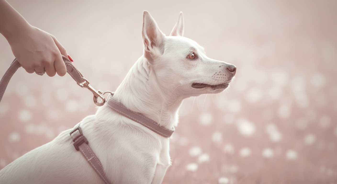 飼い主の手と、その手に繋がれたリードの結び目に焦点を当てたクローズアップ写真。