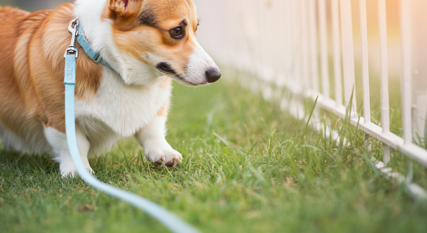緑の芝生に足を踏み入れるコーギーの足元。首輪にはまだリードがつながっている様子。